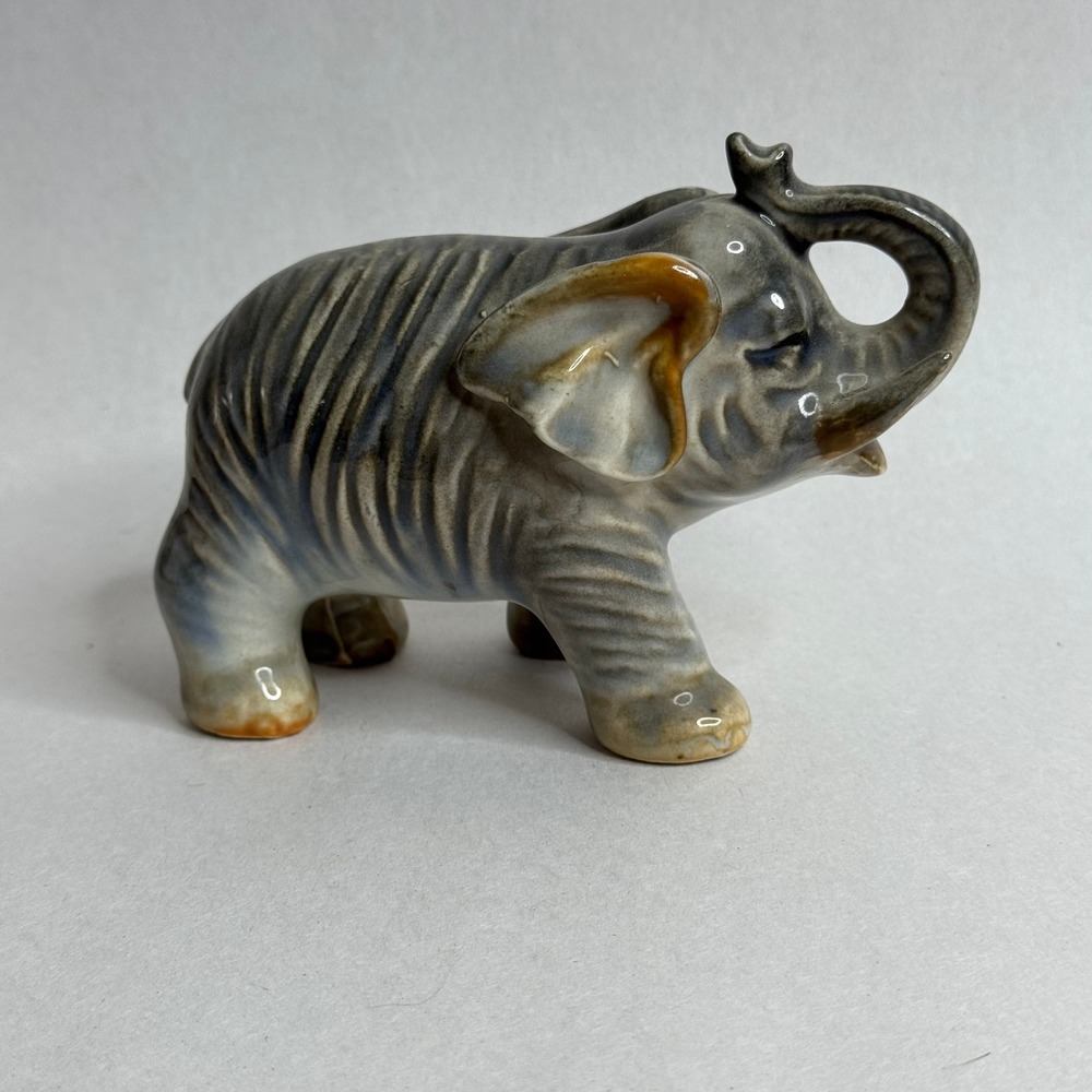 Vintage Ceramic Elephant Figurine Blue Gray Glaze Trunk‎ Up Japan